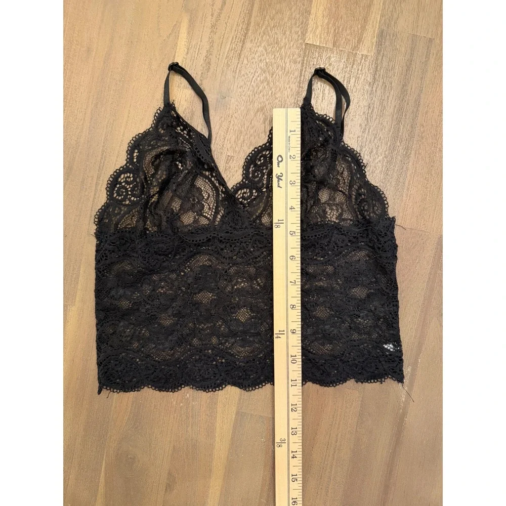 Black Floral Lace Bralette Adjustable Straps Sheer‎ Longline Crop Top Small